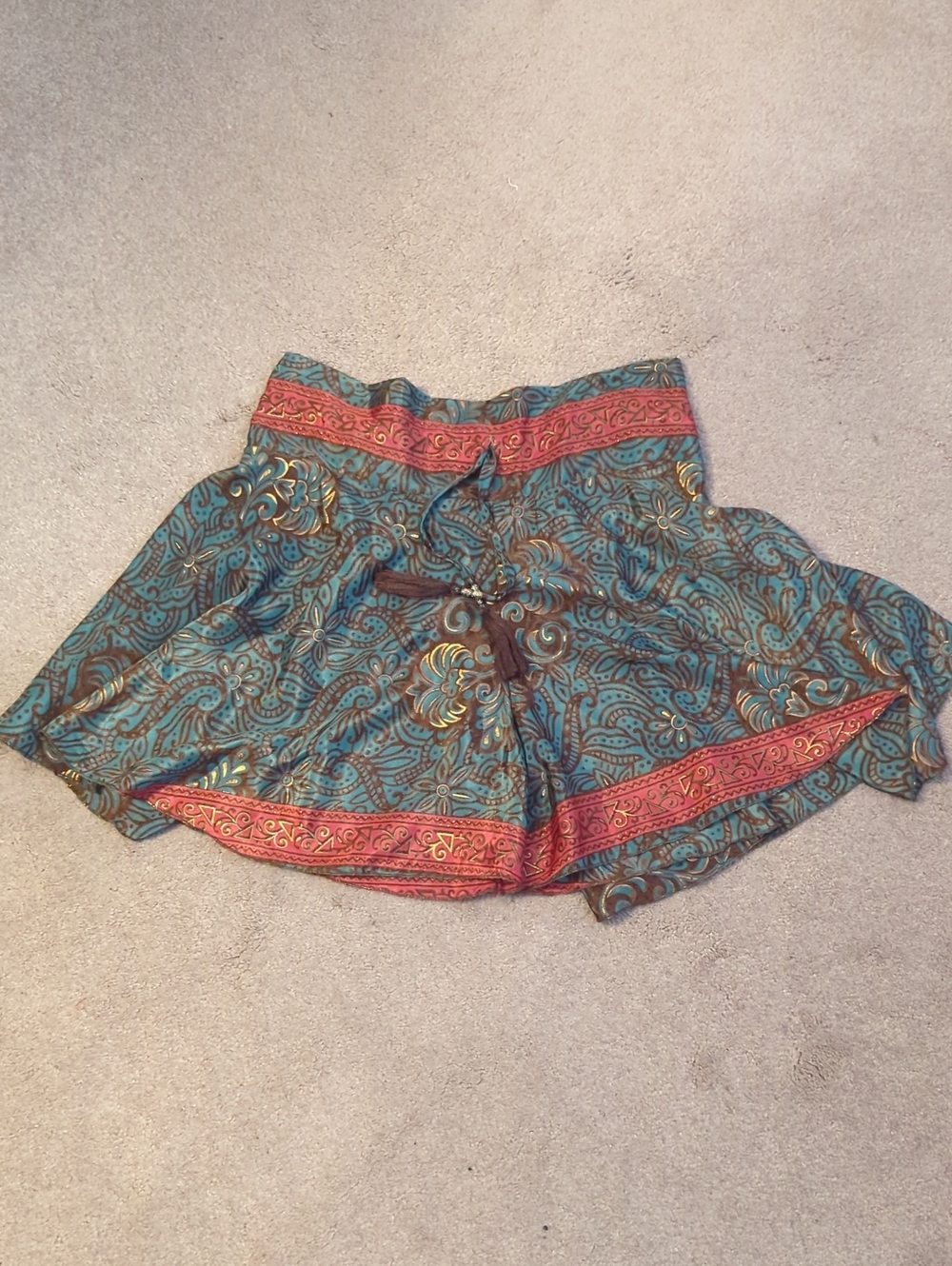 Boho Teal Silk Paisley Border Drawstring Shorts With Wide Elastic Back Waist